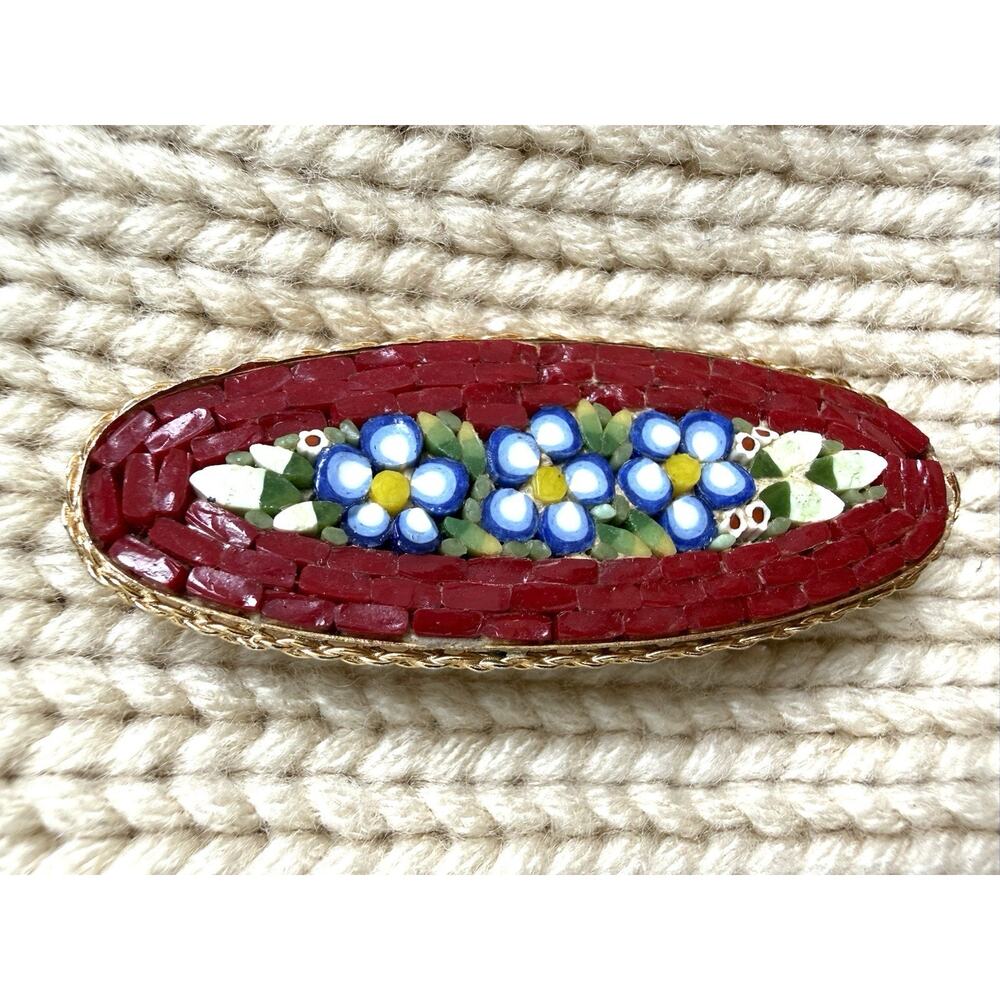 Vintage Italian Micro Mosaic Brooch Blue Floral Red Marked Italy